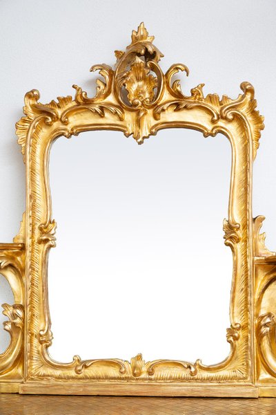 Console + Antique Neapolitan Mirror in Gilded and Carved Wood. 19th Century Period