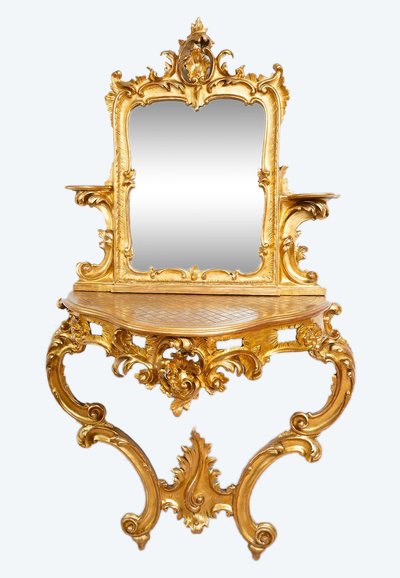 Console + Antique Neapolitan Mirror in Gilded and Carved Wood. 19th Century Period