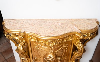 Antique Neapolitan Buffet In Gilded And Carved Wood With Marble Top. 19sec Naples.