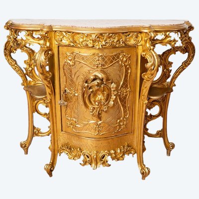 Antique Neapolitan Buffet In Gilded And Carved Wood With Marble Top. 19sec Naples.