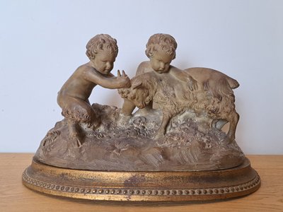 Joseph d'Asté, Gruppo di bambini e fauna che giocano con una capra, Terracotta, Firmato, XIX secolo.