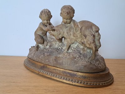 Joseph d'Asté, Gruppo di bambini e fauna che giocano con una capra, Terracotta, Firmato, XIX secolo.