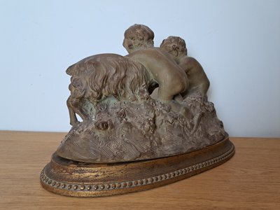 Joseph d'Asté, Gruppo di bambini e fauna che giocano con una capra, Terracotta, Firmato, XIX secolo.