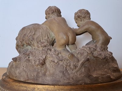 Joseph d'Asté, Gruppo di bambini e fauna che giocano con una capra, Terracotta, Firmato, XIX secolo.