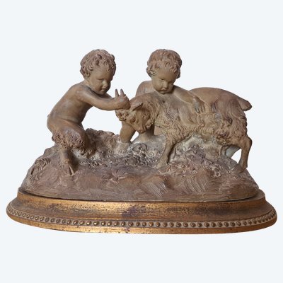 Joseph d'Asté, Gruppo di bambini e fauna che giocano con una capra, Terracotta, Firmato, XIX secolo.