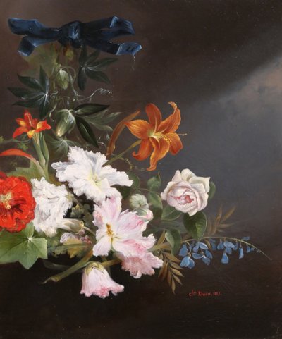 Charles Rivière, Still life of flowers, painting, 1857, Romanticism, garden, Lyon school