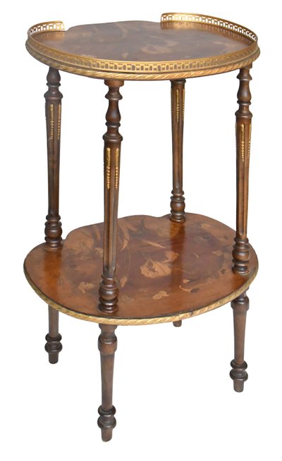 Napoleon III style side table with two trays in various wood marquetry with floral decoration