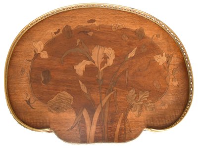 Napoleon III style side table with two trays in various wood marquetry with floral decoration