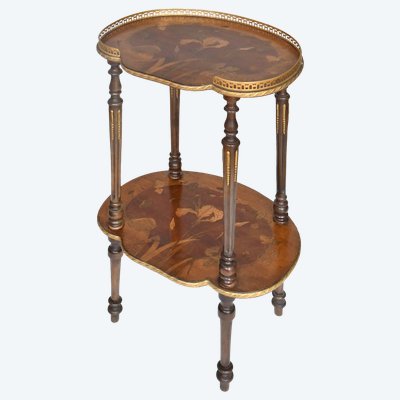 Napoleon III style side table with two trays in various wood marquetry with floral decoration