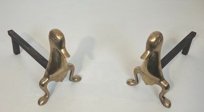 Pair De Chenets Representing Stylised Brass Ducks In The Lalanne Style