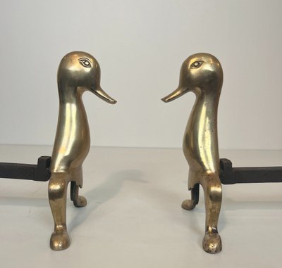 Pair De Chenets Representing Stylised Brass Ducks In The Lalanne Style