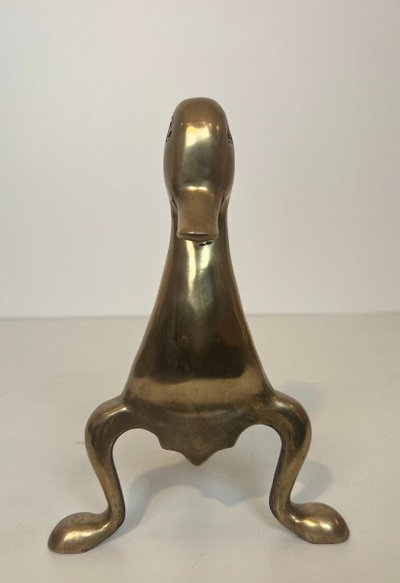 Pair De Chenets Representing Stylised Brass Ducks In The Lalanne Style