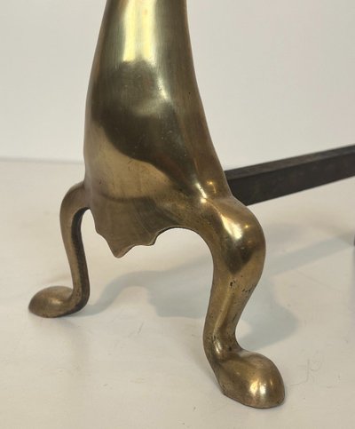 Pair De Chenets Representing Stylised Brass Ducks In The Lalanne Style