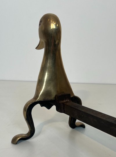 Pair De Chenets Representing Stylised Brass Ducks In The Lalanne Style