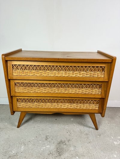 Vintage 1960s chest of drawers in beech and rattan