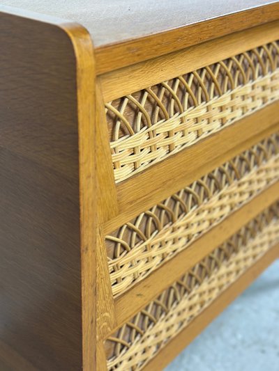 Vintage 1960s chest of drawers in beech and rattan