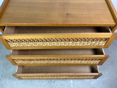 Vintage 1960s chest of drawers in beech and rattan