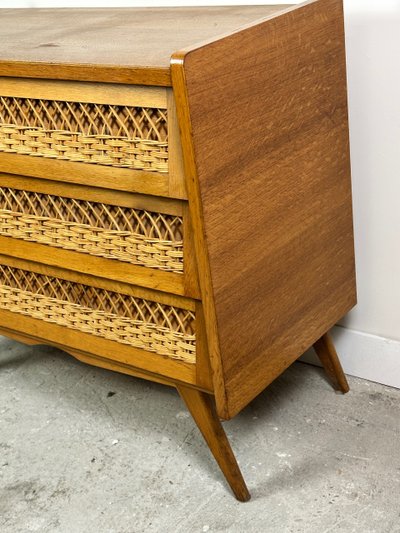 Vintage 1960s chest of drawers in beech and rattan