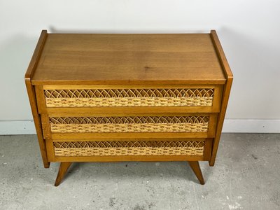 Vintage 1960s chest of drawers in beech and rattan