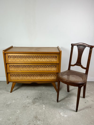 Vintage 1960s chest of drawers in beech and rattan