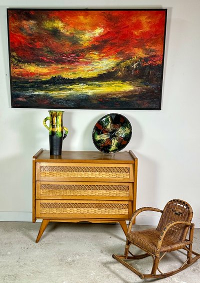 Vintage 1960s chest of drawers in beech and rattan