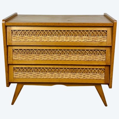 Vintage 1960s chest of drawers in beech and rattan