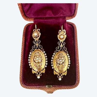 Gold and Fine Pearl Drop Earrings from the Napoleon III Period