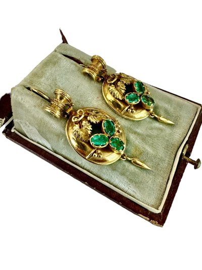 Pair of Napoleon III Gold and Emerald Drop Earrings