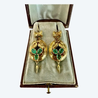 Pair of Napoleon III Gold and Emerald Drop Earrings