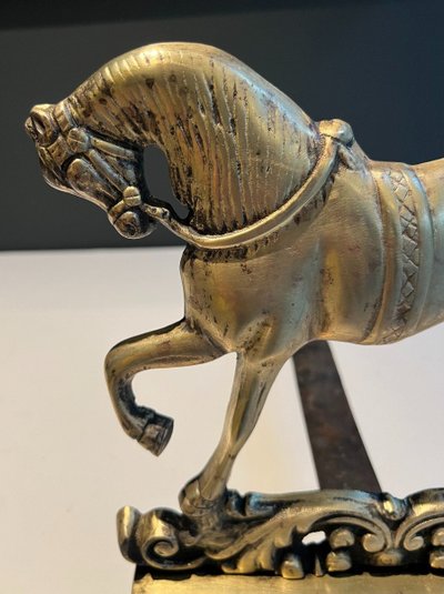 Paire De Chenets Aux Chevaux En Bronze. Travail Français. Vers 1900