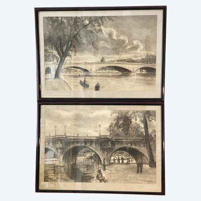 Pair of charcoal drawings, Pont Royal and Pont Neuf, Jacques Nervat