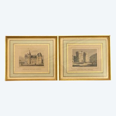 Pair of engravings, Porte Guillaume in Chartres, Chateau de Montigny, 1830