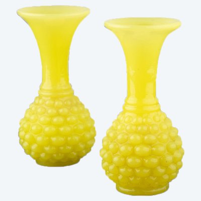 Pair of Yellow Opaline Vases from Baccarat Crystal Factory