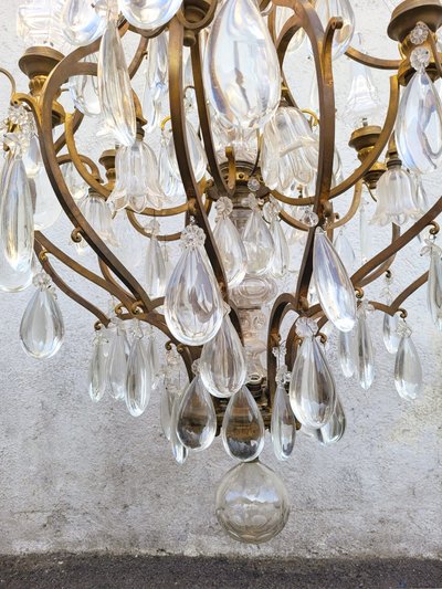 Large Bronze and Crystal Cage Chandelier (h142cm), 20th Century