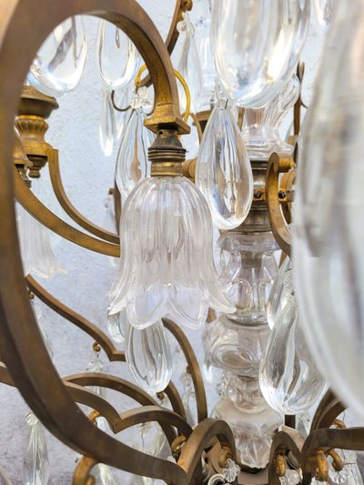 Large Bronze and Crystal Cage Chandelier (h142cm), 20th Century