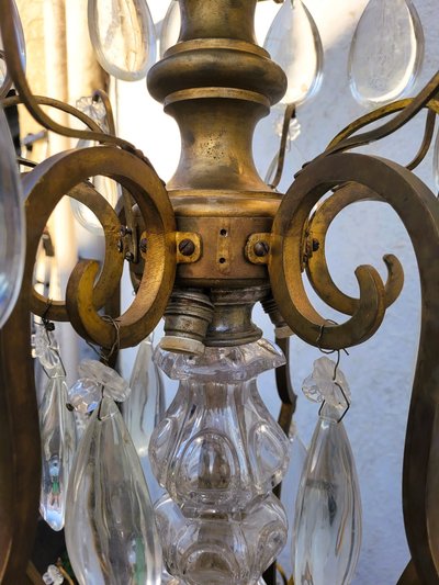 Large Bronze and Crystal Cage Chandelier (h142cm), 20th Century