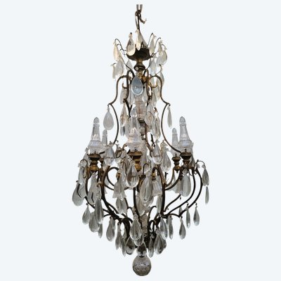 Large Bronze and Crystal Cage Chandelier (h142cm), 20th Century