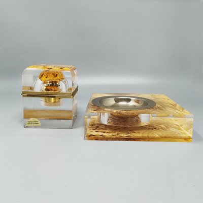 1970s Stunning Smoking Set by Stilform in Lucite and Brass Galvanized Gold 24K. Made in Italy