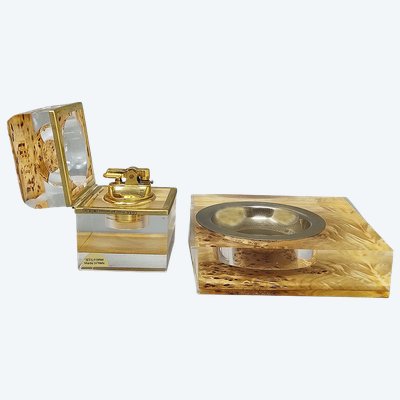 1970s Stunning Smoking Set by Stilform in Lucite and Brass Galvanized Gold 24K. Made in Italy