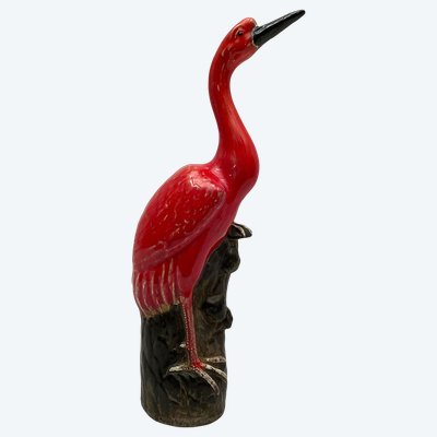 China, early 20th century, wading bird on its rock in enameled ceramic