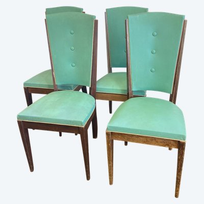 Suite de 4 chaises art déco vertes en hêtre teinté et simili cuir Circa 1960