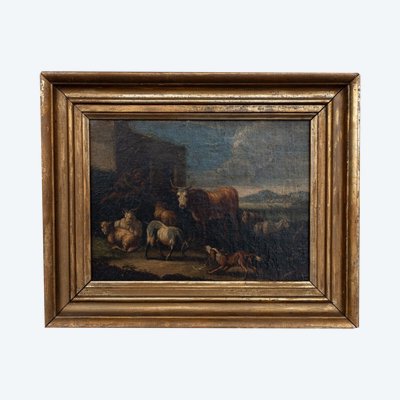 Oil on canvas 18th century scene of animals and shepherd gilded frame