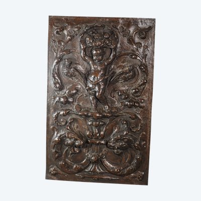 PUTTO, Bas relief on copper on wood, 19th century