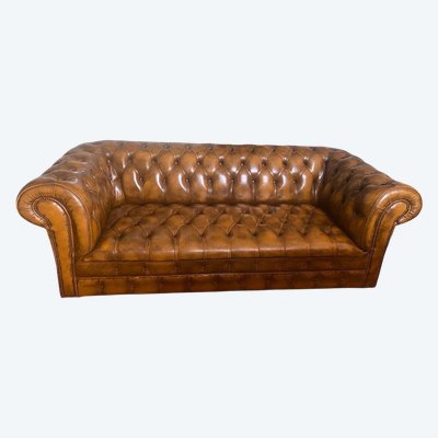 Divano Chesterfield a 3 posti in pelle marrone