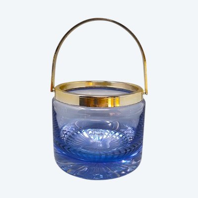 1970s Gorgeous Blue Ice Bucket in Crystal by L.A.C.S. Made in Italy.