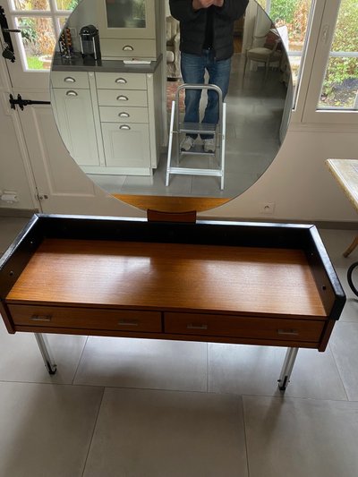 Scandinavian teak dressing table with large round mirror