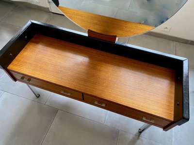 Scandinavian teak dressing table with large round mirror