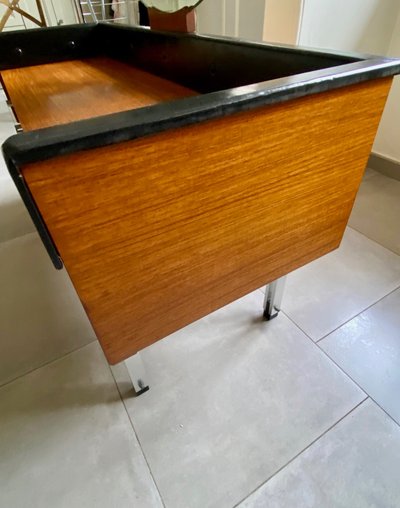 Scandinavian teak dressing table with large round mirror