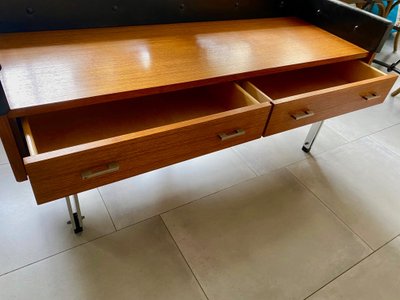 Scandinavian teak dressing table with large round mirror