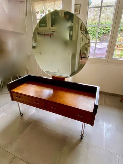 Scandinavian teak dressing table with large round mirror